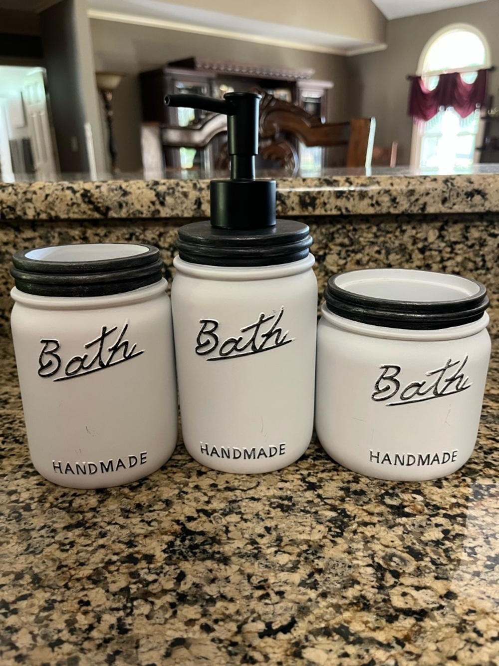 Handmade White Ceramic Bath Accessory Set with Black Accents Rustic Chalk Paint
